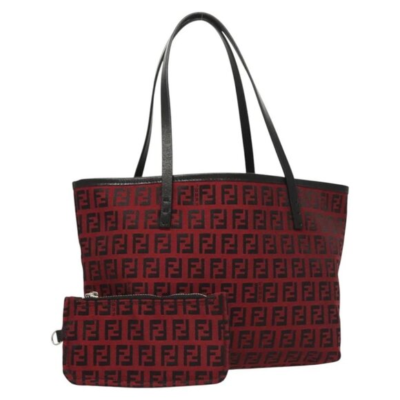 FENDI Zucchino Canvas Hand Bag Red Silver - Picture 1 of 15